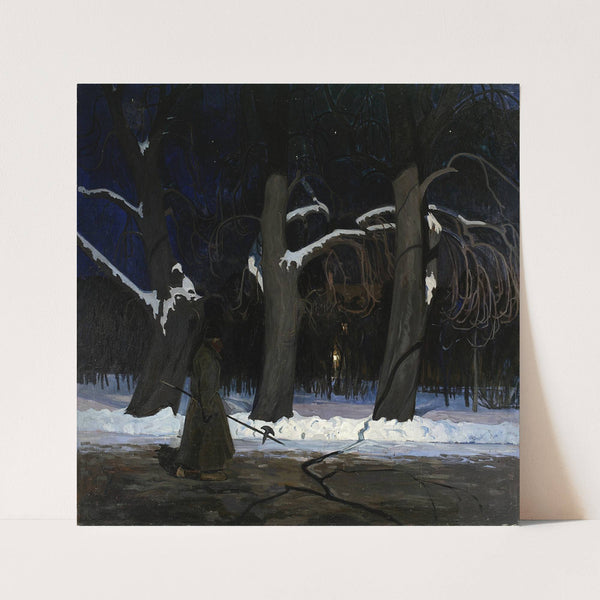 Winter landscape at night with a halberdier (circa 1907) by Henryk Szczygliński