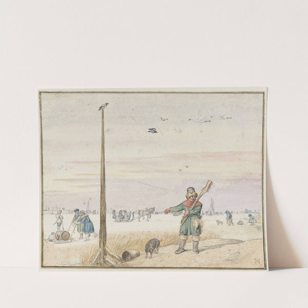 Winter Landscape with a Duck Hunter with Game in his Belt and his Gun over his Shoulder on the Bank of a Frozen River by Hendrick Avercamp