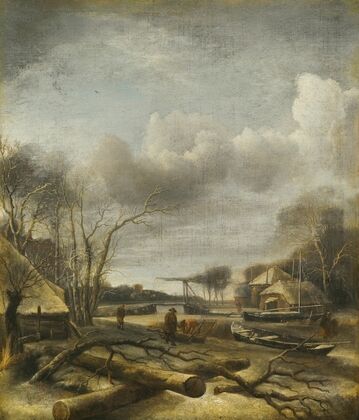 Winter Landscape With A Man Fixing A Sled At The Edge Of A Frozen River