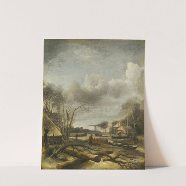 Winter Landscape With A Man Fixing A Sled At The Edge Of A Frozen River by Jan van de Cappelle