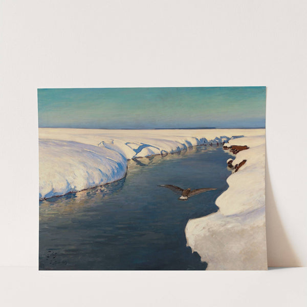 Winter landscape with a river and a bird by Julian Falat