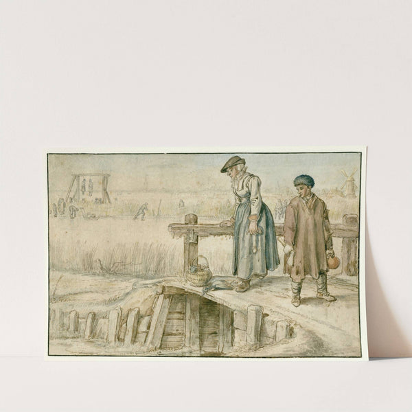 Winter Landscape with a Woman and a Youth on a Small Bridge, Skaters and a Gallows in the Distance by Hendrick Avercamp
