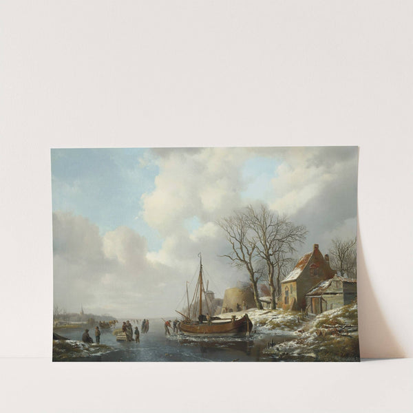Winter landscape with figures by a boat on a frozen waterway by Andreas Schelfhout