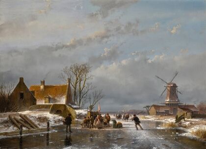 Winter landscape with skaters and a koek-en-zopie