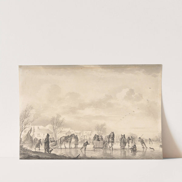 Winter Landscape with Skaters and Horse-Drawn Sledges on the Ice, a Village Below by Andries Vermeulen
