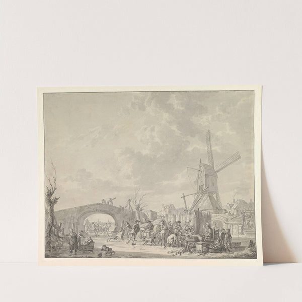 Winter Landscape with Skaters and Sledges on the Ice, a Bridge and a Mill behind by Abraham Van Strij