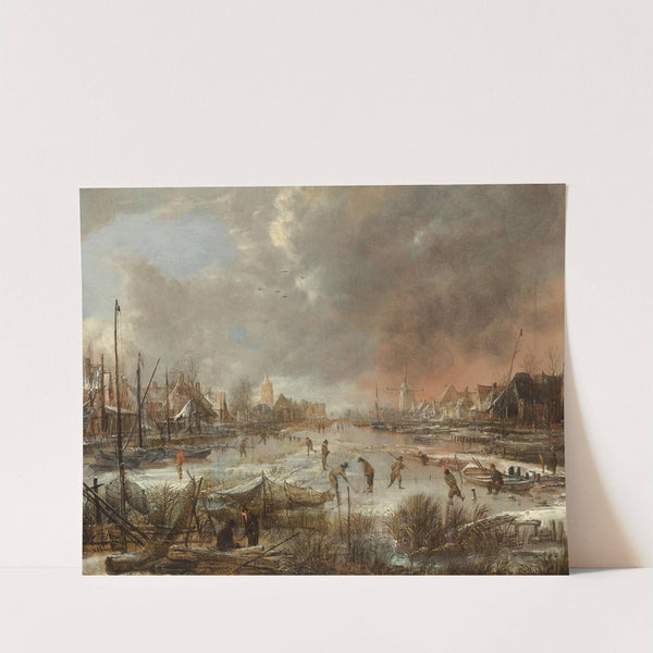 Winter landscape with sportsmen on a frozen river by Aert van der Neer