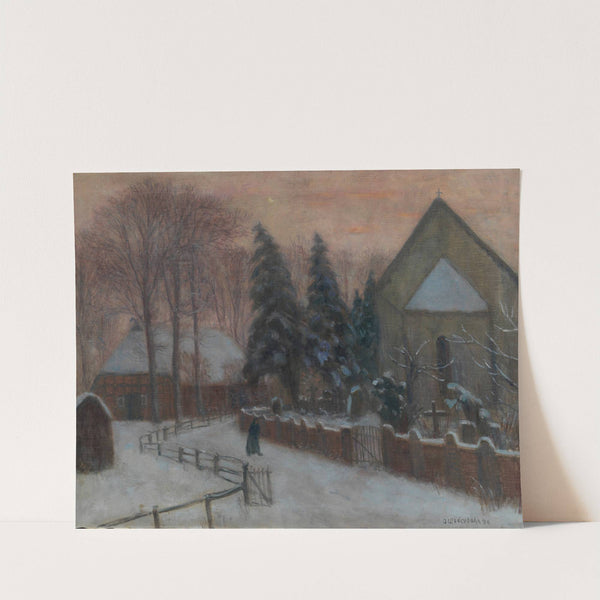 Winterabend, Fischerhuder Kirche mit Heimathaus by Otto Modersohn
