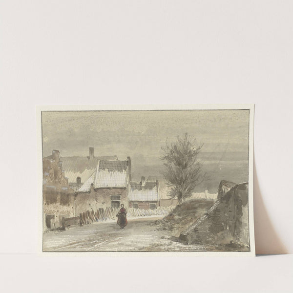 Wintergezicht met vrouw staand op het ijs by Johannes Franciscus Hoppenbrouwers