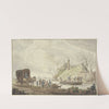 Winterlandschaft, an einem Bauernhof hauen Schiffer das Eis auf, links eine Kutsche by J. H. Van Loon