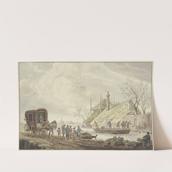 Winterlandschaft, an einem Bauernhof hauen Schiffer das Eis auf, links eine Kutsche by J. H. Van Loon