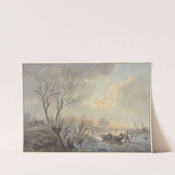Winterlandschaft, auf dem Eis schieben drei Männer ein Boot dem Land zu, dabei zwei Hunde stehend by Abraham Teerlink