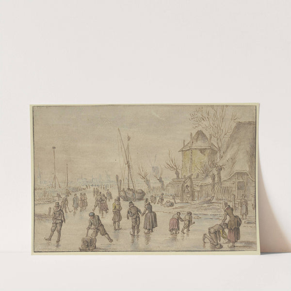 Winterlandschaft, auf dem Eis viele Schlittschuhläufer, rechts schnallt ein Mann einer Frau die Schlittschuhe an by Hendrick Avercamp