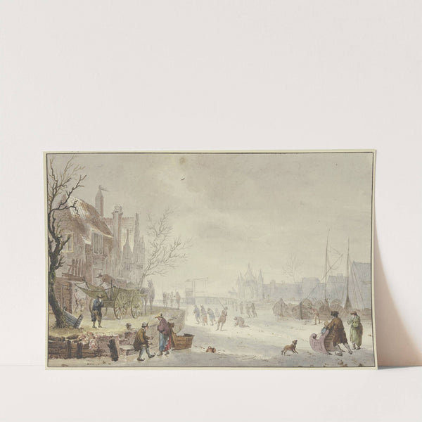 Winterlandschaft, auf dem Fluß Schlittschuhläufer, links am Quai ein Wagen by J. H. Van Loon