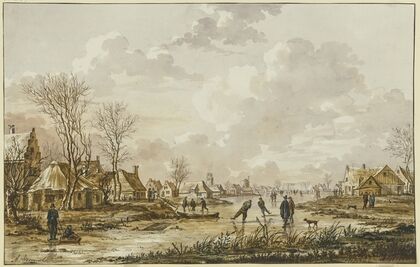 Winterlandschaft, auf einem gefrorenem Fluss bei einem Städtchen Schhlittschuhläufer