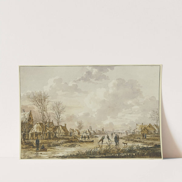 Winterlandschaft, auf einem gefrorenem Fluss bei einem Städtchen Schhlittschuhläufer by Andries Vermeulen