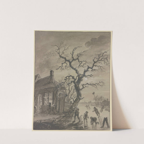 Winterlandschaft im Mondschein mit Schlittschuhläufern bei einem beleuchteten Haus und einem kahlen Baum by Adrianus de Visser