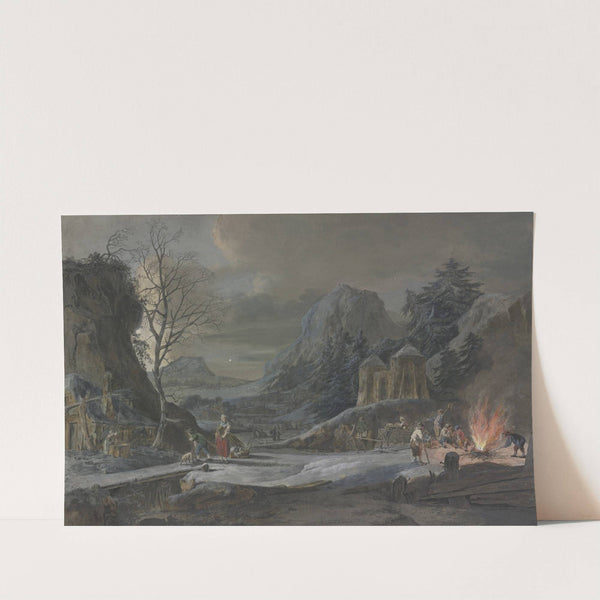 Winterlandschaft im Mondschein, rechts unterhalten Bauern ein großes Feuer by Bernhard Hendrik Thier
