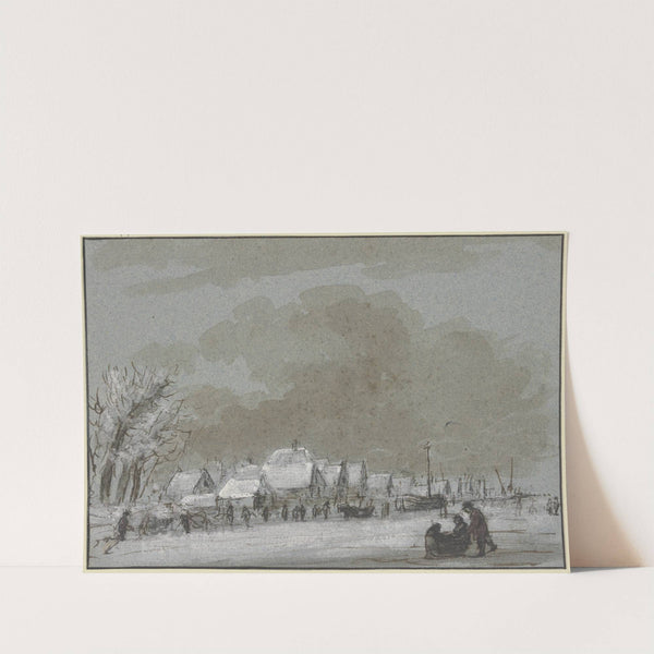 Winterlandschaft, links ein Dorf, eingefrorene Schiffe, rechts auf dem Eis zieht ein Mann ein Schlitten by Hendrik Spilman