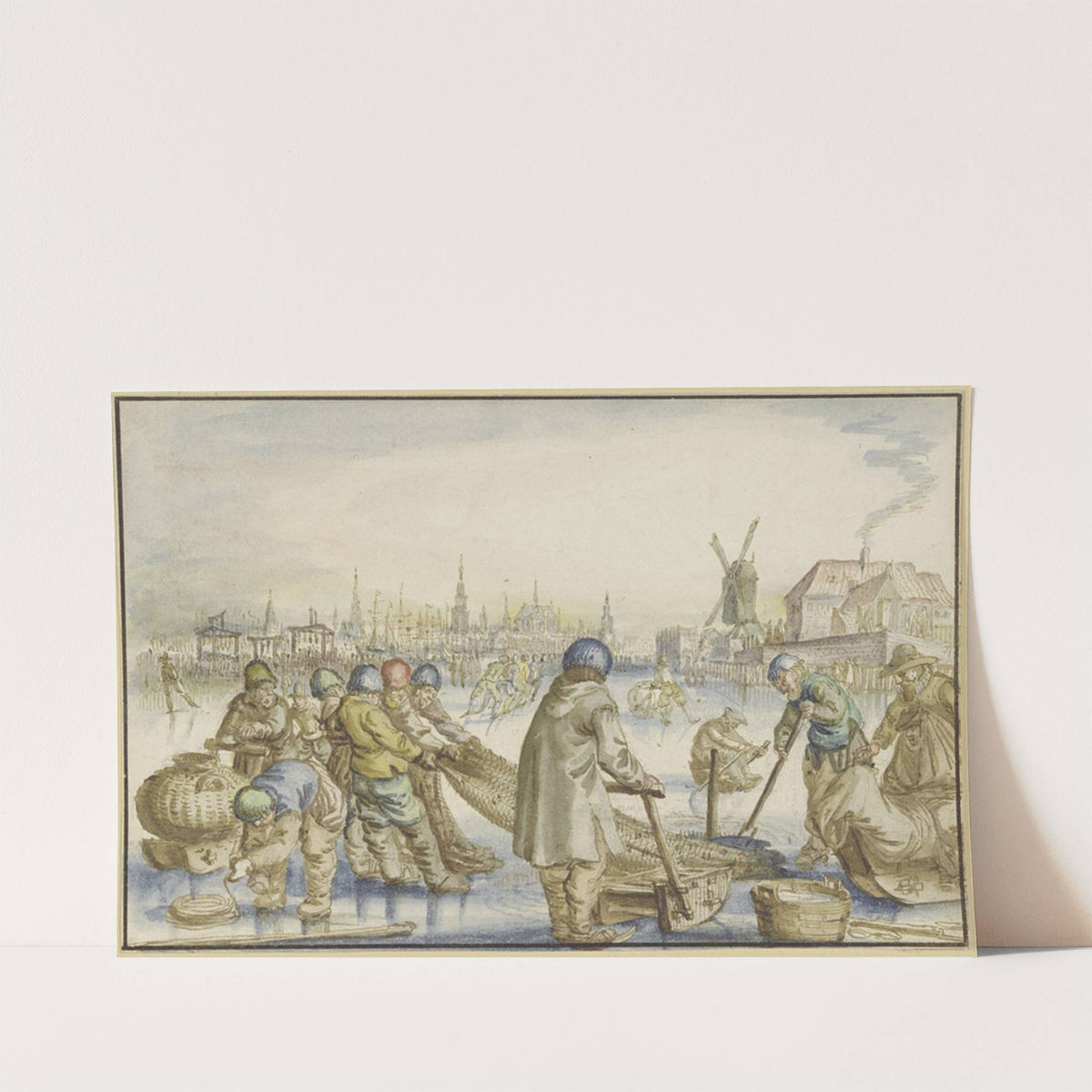 Winterlandschaft mit vielen Schlittschuhläufern, im Vordergrund ziehen Fischer ein Netz aus dem Eise by Claes Janszoon Visscher I