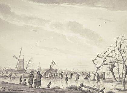 Winterlandschaft mit vielen Schlittschuhläufern und Zelten auf dem Eis, bei einer Windmühle