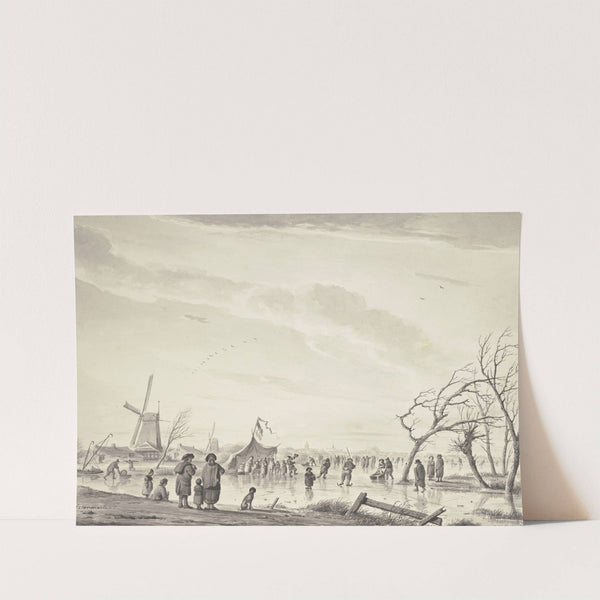 Winterlandschaft mit vielen Schlittschuhläufern und Zelten auf dem Eis, bei einer Windmühle by Andries Vermeulen