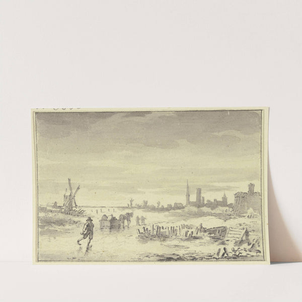 Winterlandschaft, rechts eine Stadt, links eine Windmühle, in der Mitte ein Schlittschuhläufer by Steven Goblé