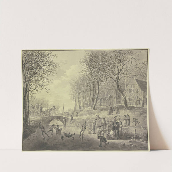 Winterlandschaft, Schlittschuhläufer auf dem Kanal, über den eine steinerne Brücke führt by Abraham Teerlink