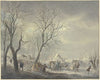 Winterlandschaft, Schlittschuhläufer bei Zelten auf dem Kanal, ein Husar umarmt ein Getränke haltendes Mädchen