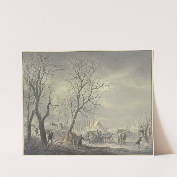 Winterlandschaft, Schlittschuhläufer bei Zelten auf dem Kanal, ein Husar umarmt ein Getränke haltendes Mädchen by Abraham Teerlink