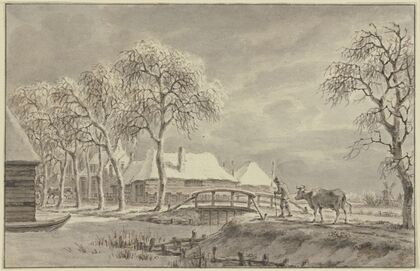 Winterlandschaft, über eine Brücke bei einem Dorf führt ein Bauer eine Kuh