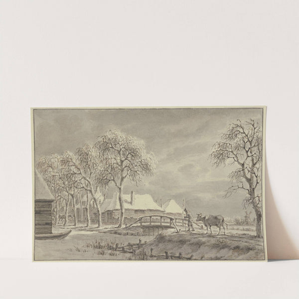 Winterlandschaft, über eine Brücke bei einem Dorf führt ein Bauer eine Kuh by Jan Evert Grave
