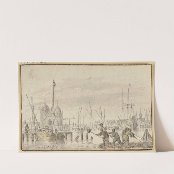 Winterlandschaft, vier Männer hauen das Eis auf by Pieter Coopse