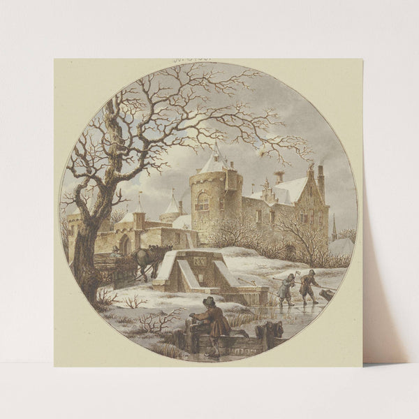 Winterlandschaft vor der Stadtmauer, auf der Brücke ein Holzschlitten (1788) by Jacob Cats