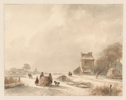 Winterlandschap met hooislee en schaatsers
