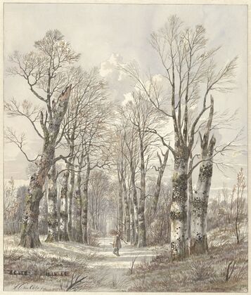 Winterlandschap met houtsprokkelaar op bospad