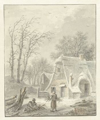 Winterlandschap met houtsprokkelaars voor boerderij