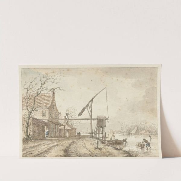 Winterlandschap met huizen en hefboom langs bevroren vaart by Jacob Cats
