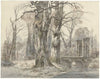 Winterlandschap met poort tussen bomen