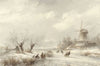 Winterlandschap met schaatsenrijders bij een molen