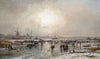 Winterliches Eisvergnügen auf einem zugefrorenen Kanal vor holländischer Stadtsilhouette