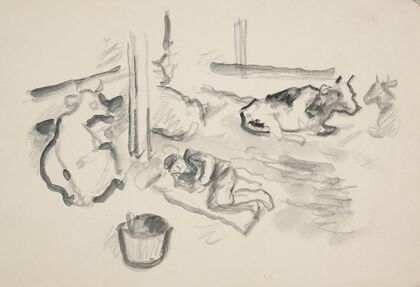 Wnętrze obory z czterema leżącymi krowami i śpiącym żołnierzem (1915-1940)