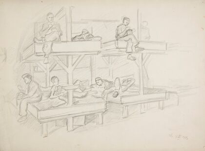 Wnętrze obozowego baraku z piętrowymi pryczami (1943)