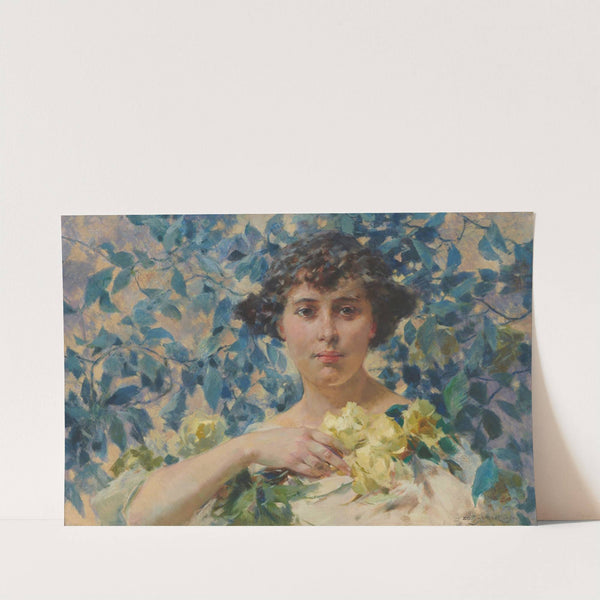 Woman against blossoming shrubs by Zdzisław Jasiński