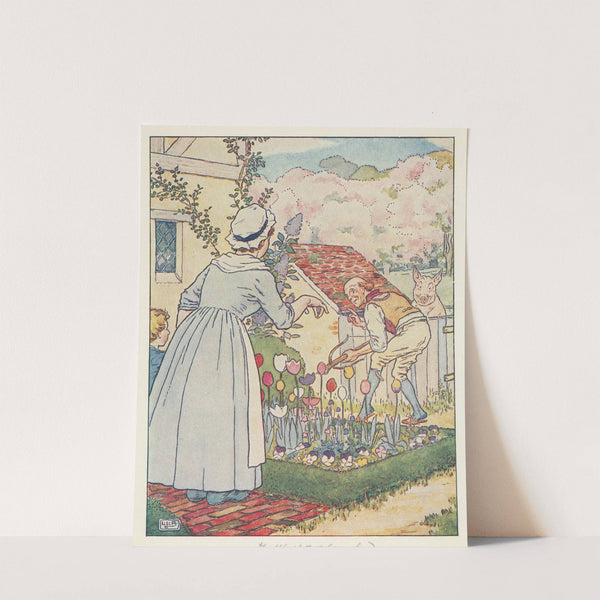 Woman and man in garden. by Leonard Leslie Brooke