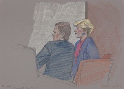 Woman and man seated at an unidentified trial, possibly related to Texas v. Sue O. Miller, a child kidnapping case