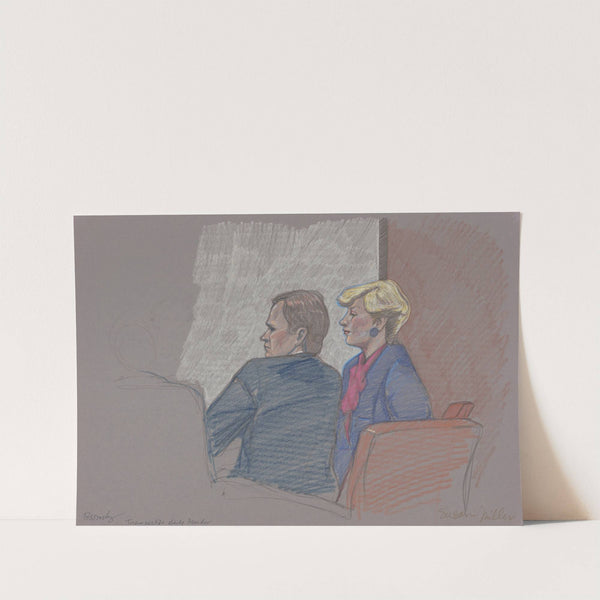 Woman and man seated at an unidentified trial, possibly related to Texas v. Sue O. Miller, a child kidnapping case by Brigitte Woosley