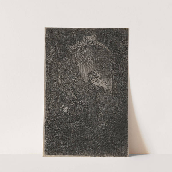 Woman at a hatch door talking to a man and children (the schoolmaster) (1641) by Rembrandt van Rijn