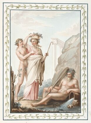 Woman carrying basket on her head, nude youth and nude man reclining next to water jug. — size preview