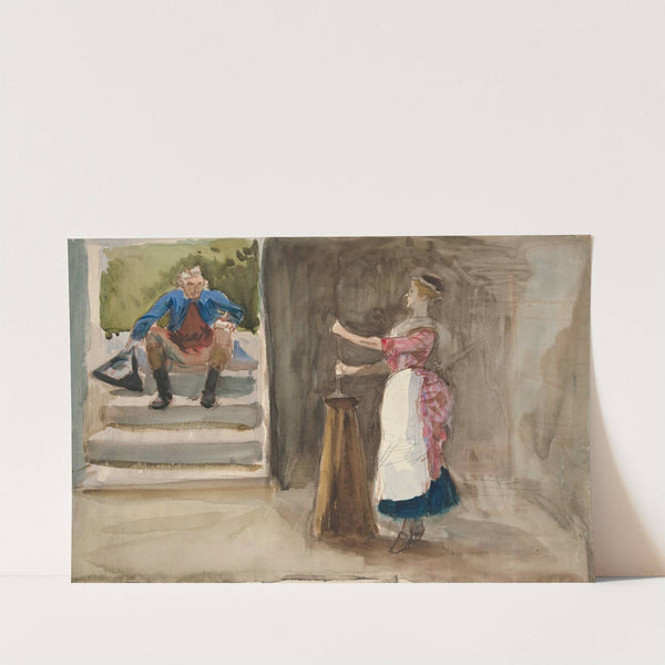 Woman churning butter, man in Revolutionary dress watching by Edwin Austin Abbey